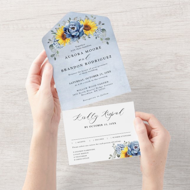 Sunflower Dusty Blue Slate Peony Floral Wedding Al All In One Invitation (Tearaway)