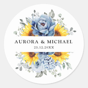 Sunflower Dusty Blue Slate Peony Floral Wedding  Classic Round Sticker