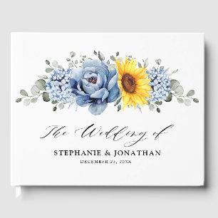 Sunflower Dusty Blue Slate Peony Floral Wedding Guest Book