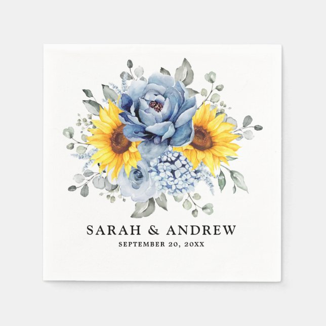 Sunflower Dusty Blue Slate Peony Floral Wedding Napkin (Front)