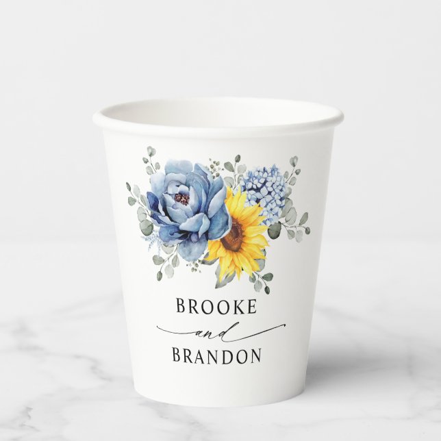 Sunflower Dusty Blue Slate Peony Floral Wedding Paper Cups (Front)