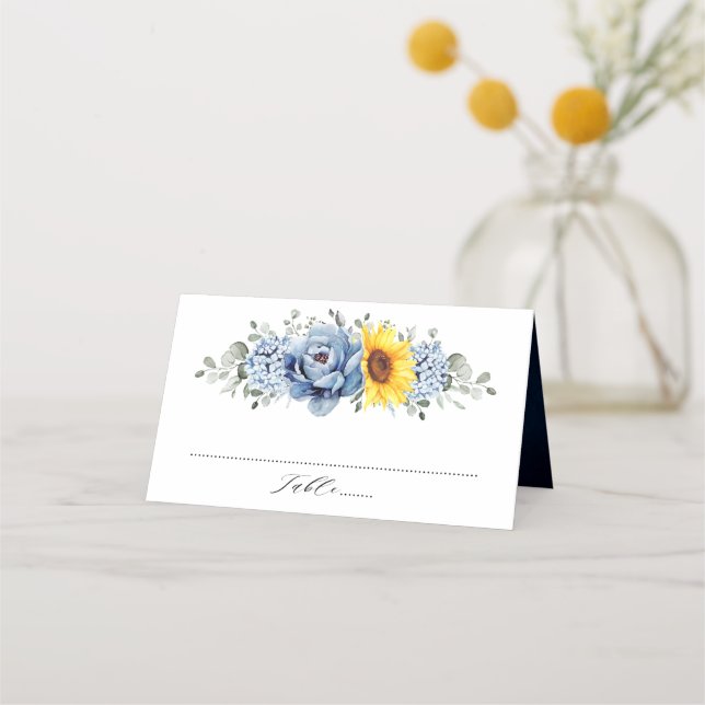 Sunflower Dusty Blue Slate Peony Floral Wedding Place Card (Front)