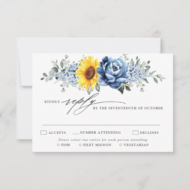 Sunflower Dusty Blue Slate Peony Floral Wedding RSVP Card (Front)