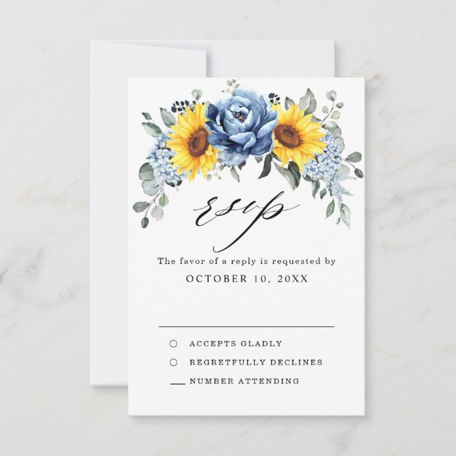 Sunflower Dusty Blue Slate Peony Floral Wedding RSVP Card (Front)