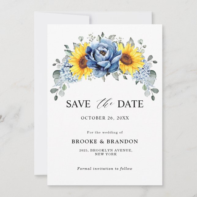 Sunflower Dusty Blue Slate Peony Floral Wedding Save The Date (Front)