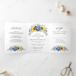 Sunflower Dusty Blue Slate Peony Floral Wedding Tri-Fold Announcement