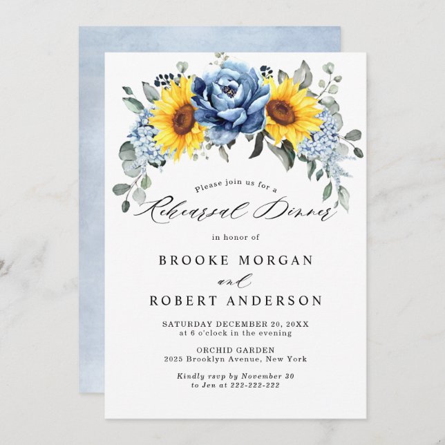Sunflower Dusty Blue Slate Peony Rehearsal Dinner Invitation (Front/Back)
