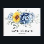 Sunflower Dusty Blue Slate Peony Save the Date Postcard<br><div class="desc">Elegant and modern floral midsummer wedding save the date postcard features a bouquet of watercolor sunflower hydrangea & peonies in shades of yellow , slate, dusty blue with lush green botanical leaves and eucalyptus. Please find more matching designs and variations from my "blissweddingpaperie" store. And feel free to contact me...</div>