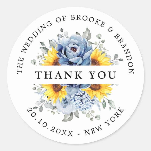 Sunflower Dusty Blue Slate Peony Thank you  Classic Round Sticker (Front)