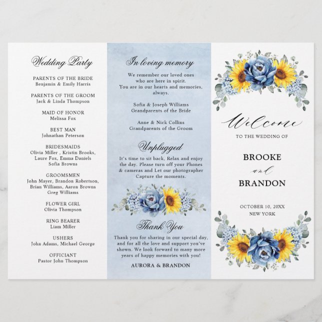 Sunflower Dusty Blue Slate Peony Wedding Program (Front)