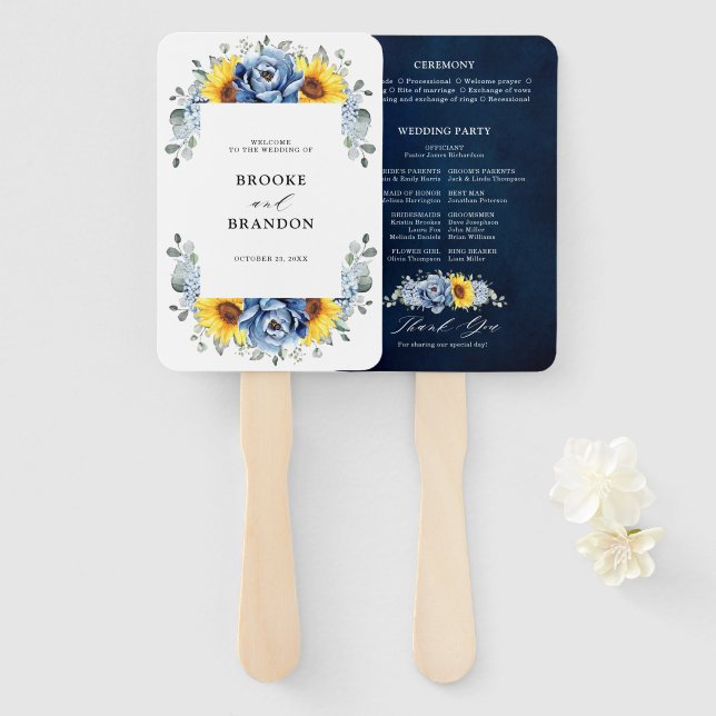 Sunflower Dusty Blue Slate Peony Wedding Program Hand Fan (Front and Back)