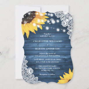 Sunflower Dusty Blue Wood Floral Lace Wedding Invitation