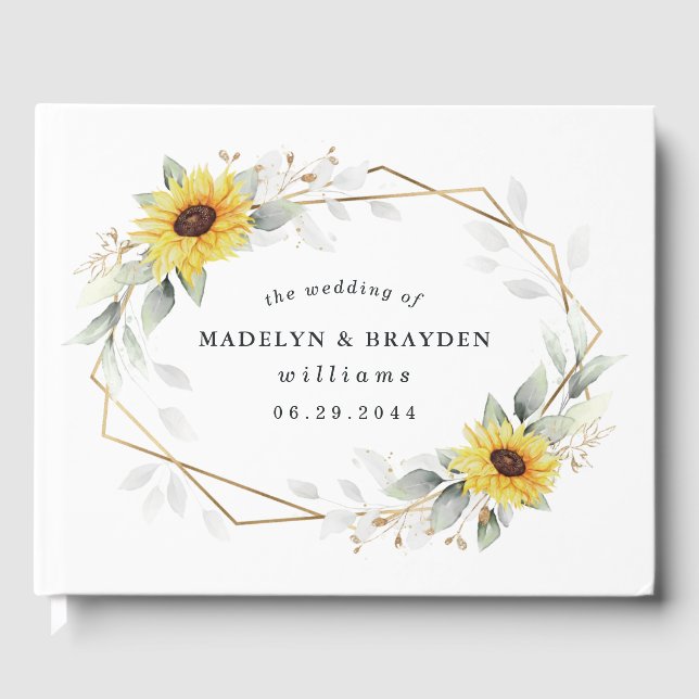 Sunflower Elegant Rustic Geometric Gold Wedding Guest Book (Front)