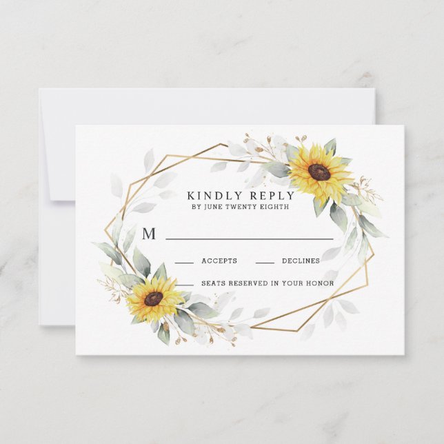 Sunflower Elegant Rustic Geometric Gold Wedding RSVP Card (Front)