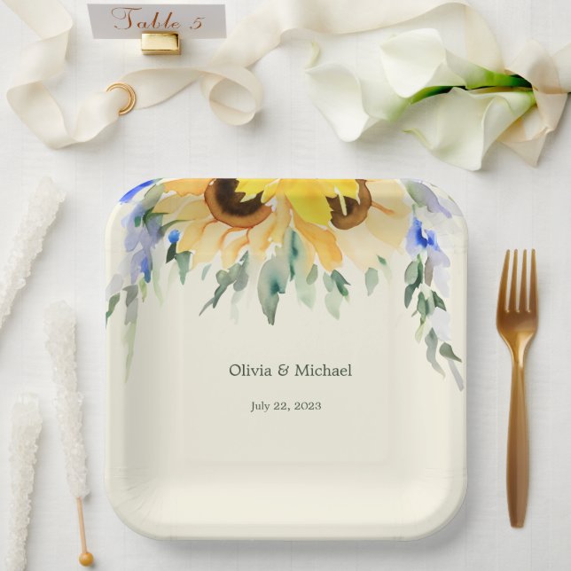 Sunflower Elegant Watercolor Wedding Paper Plates (Wedding)