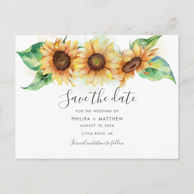 Sunflower Elegant Watercolor Wedding Save the Date Announcement Postcard (Front)