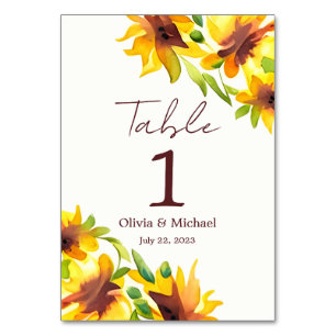 Sunflower Elegant Watercolor Wedding Table Number