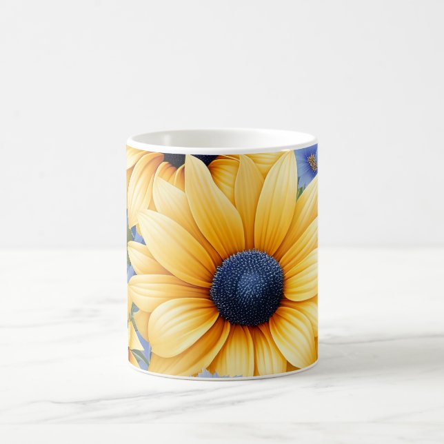Sunflower Elegant With Soft Blue Wildflowers Coffee Mug (Center)