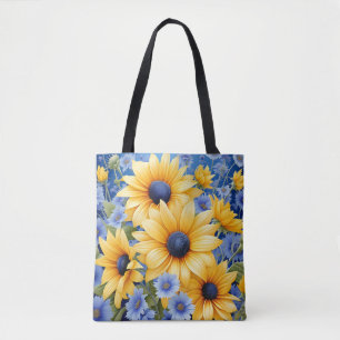 Sunflower Elegant With Soft Blue Wildflowers Tote Bag