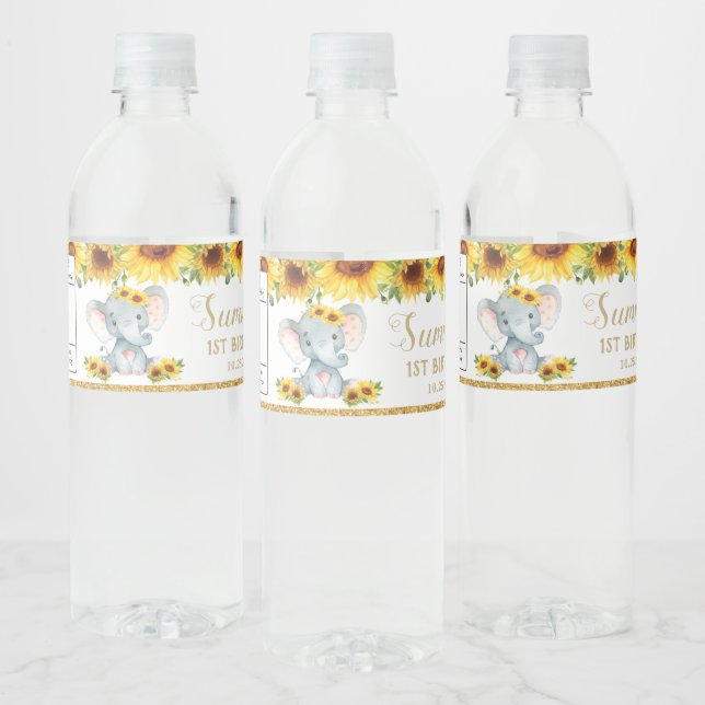 Sunflower Elephant 1st First Birthday Favour Water Bottle Label (Bottles)