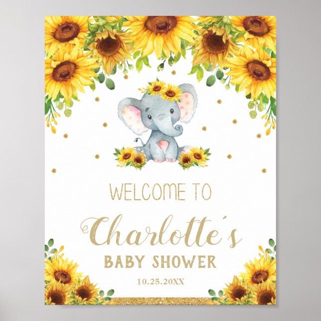 Sunflower Elephant Baby Shower Birthday Welcome Poster (Front)