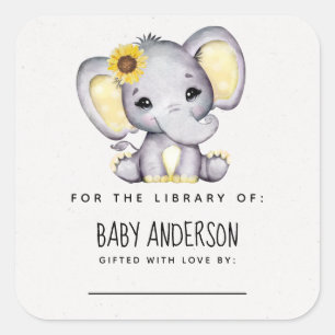 Sunflower Elephant Baby Shower Bookplate  Square Sticker