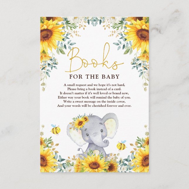 Sunflower Elephant Baby Shower Books for Baby Enclosure Card (Front)
