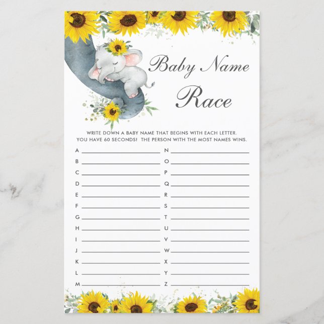 Sunflower Elephant Baby Shower Name Race Game (Front)