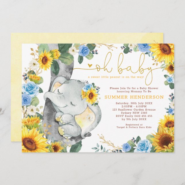 Sunflower Elephant Blue Roses Greenery Baby Shower Invitation (Front/Back)