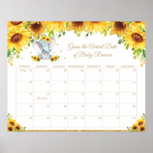 Sunflower Elephant Guess Baby's Due Date Fun Game Poster