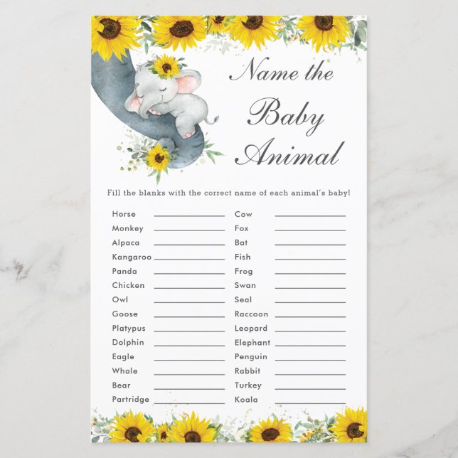Sunflower Elephant Shower Name the Baby Animal  (Front)