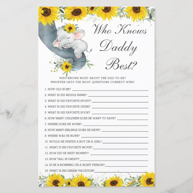 Sunflower Elephant Shower Who Knows Daddy Best  (Front)