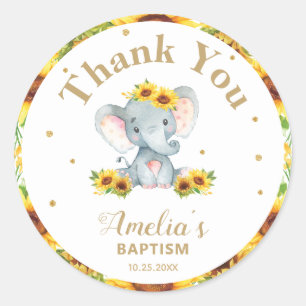 Sunflower Elephant Thank You Favor Gold Glitter Classic Round Sticker