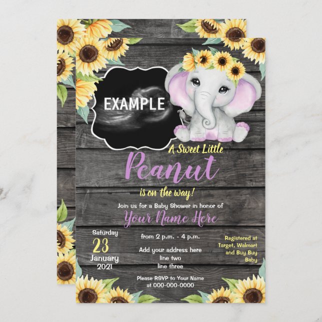 Sunflower Elephant Ultrasound Baby Shower Purple Invitation (Front/Back)