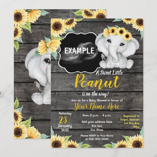 Sunflower Elephant Ultrasound Pic Baby Shower Invi Invitation (Front/Back)