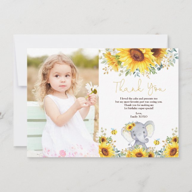Sunflower Elephant Wild One Little Peanut Birthday Thank You Card (Front)