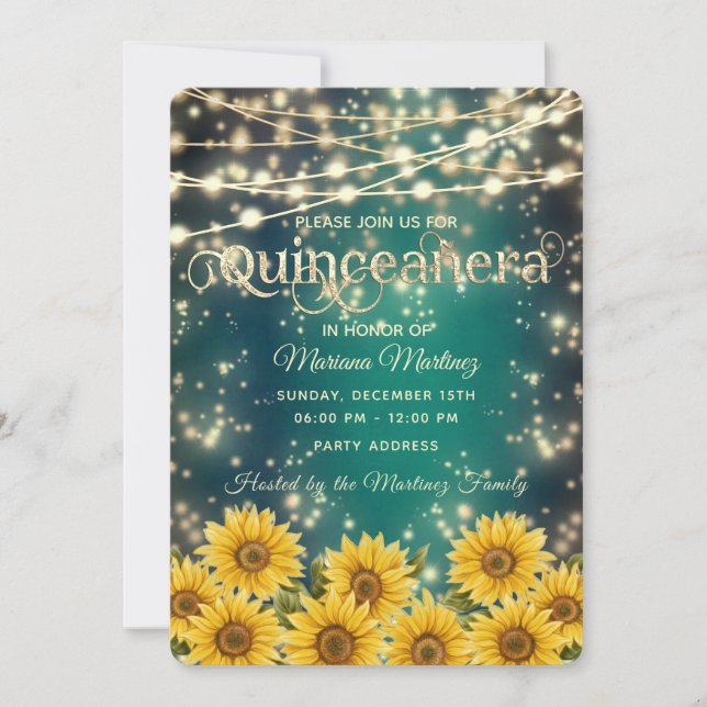 Sunflower emerald green string lights sparkle  invitation (Front)