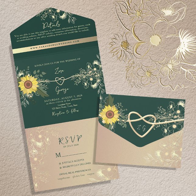 Sunflower Emerald Green Wedding All In One Invitation (Creator Uploaded)