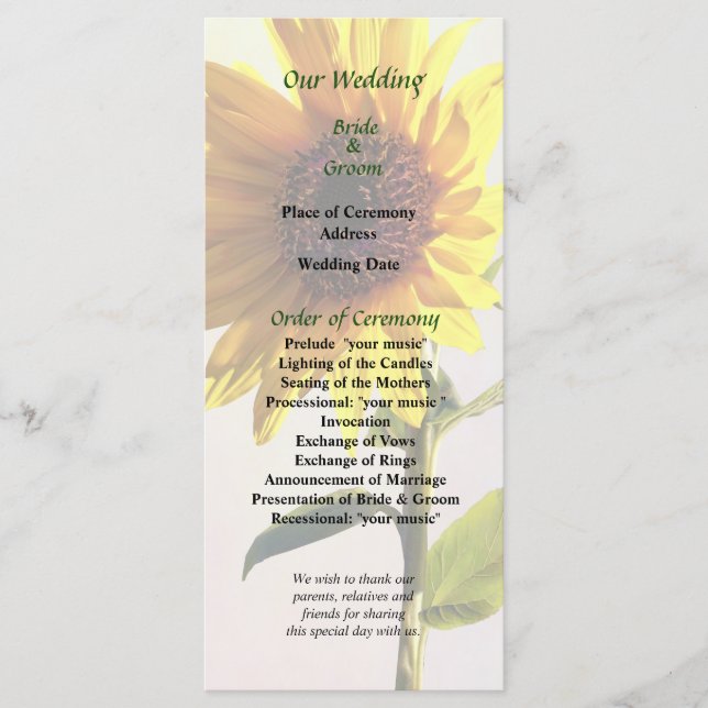 Sunflower Enjoying the Sun Wedding Program (Front)