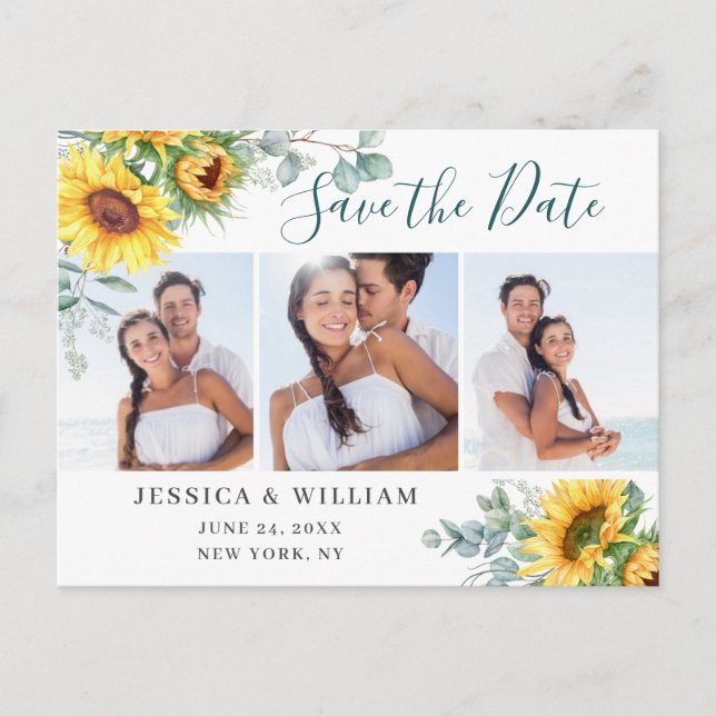 Sunflower Eucalyptus 3 PHOTO Wedding Save the Date Postcard (Front)
