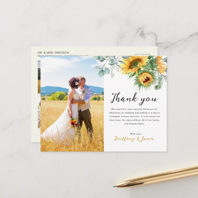 Sunflower Eucalyptus 4 Photos Wedding Thank You Postcard (Front/Back In Situ)