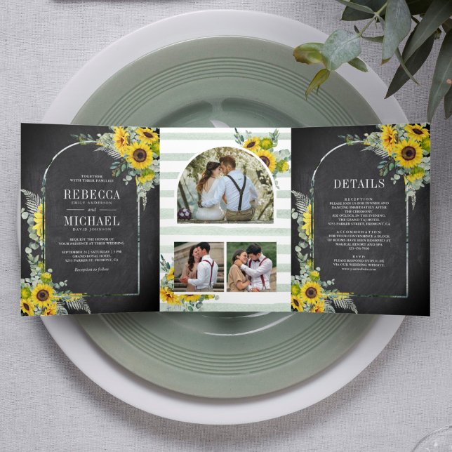 Sunflower Eucalyptus Arch Chalkboard Wedding Tri-Fold Invitation (Creator Uploaded)