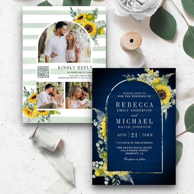 Sunflower Eucalyptus Arch QR Code Navy Wedding Invitation (Creator Uploaded)