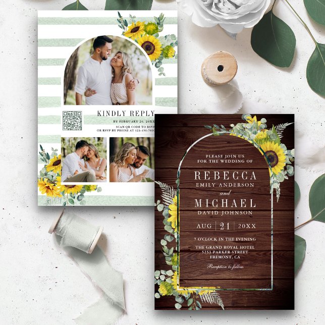 Sunflower Eucalyptus Arch QR Code Wood Wedding Invitation (Creator Uploaded)