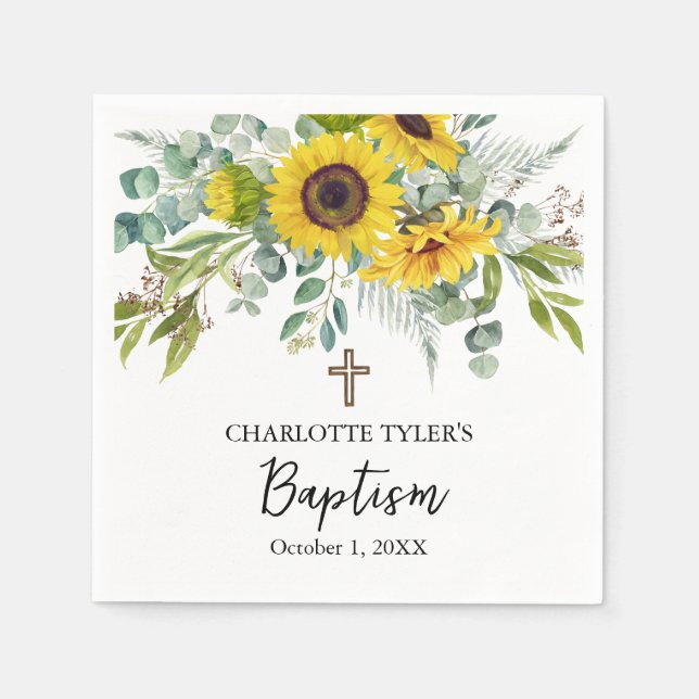 Sunflower & Eucalyptus Boho Cross Baptism Napkin (Front)