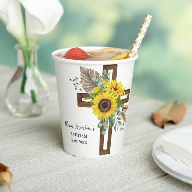 Sunflower & Eucalyptus Boho Cross Baptism Paper Cups (Insitu)
