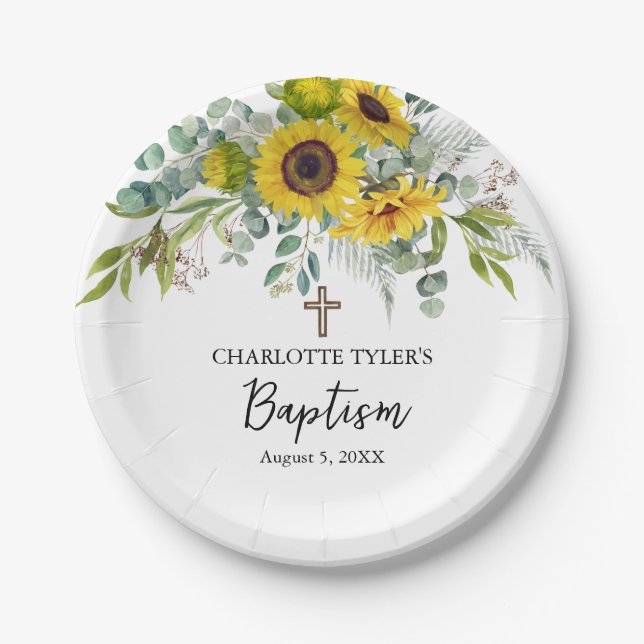 Sunflower & Eucalyptus Boho Cross Baptism Paper Plate (Front)