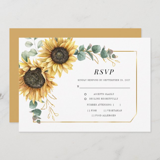 Sunflower Eucalyptus Botanical Gold Geometric RSVP (Front/Back)
