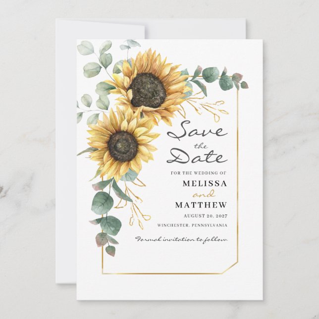 Sunflower Eucalyptus Botanical Modern Floral Save The Date (Front)