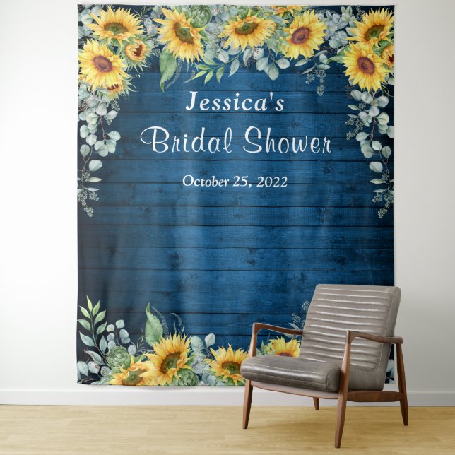 Sunflower Eucalyptus Bridal Shower Photo Backdrop Tapestry (In Situ)